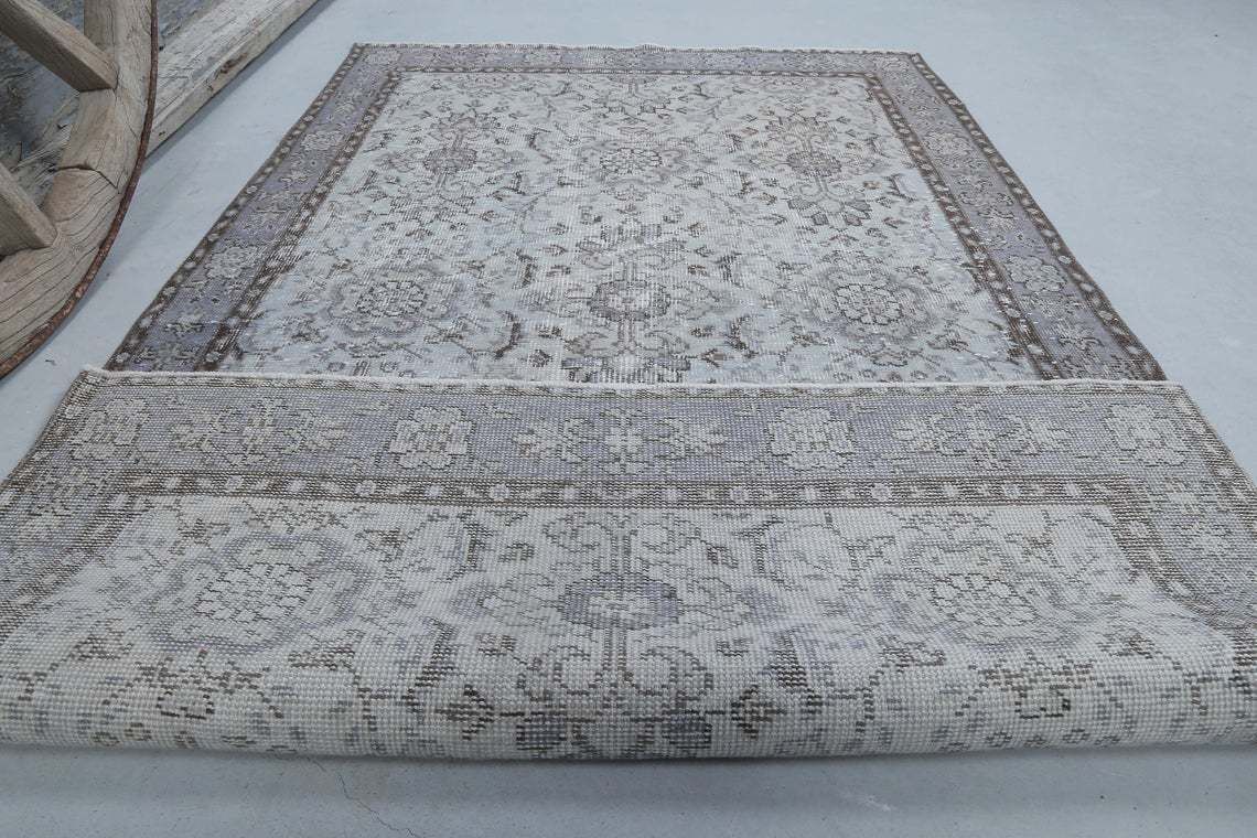 photo for sale 3.7x6.6, Turkish Vintage Neutral Gray Beige Rug, Oushak Rug, Wool Room Decor, Floral, Living Room Rug, Natural Faded Pastel Purple, Grey Rug