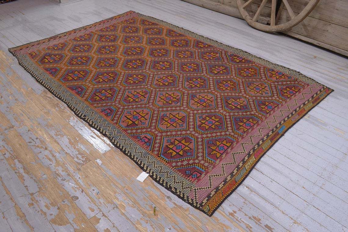 65x97, Turkish Kilim, Flatweave Rug, Vintage Kilim, Oushak Kilim, Handmade, Wool Kilim, Large , Area Kilim, Geometric, Manta, Orange, Blue