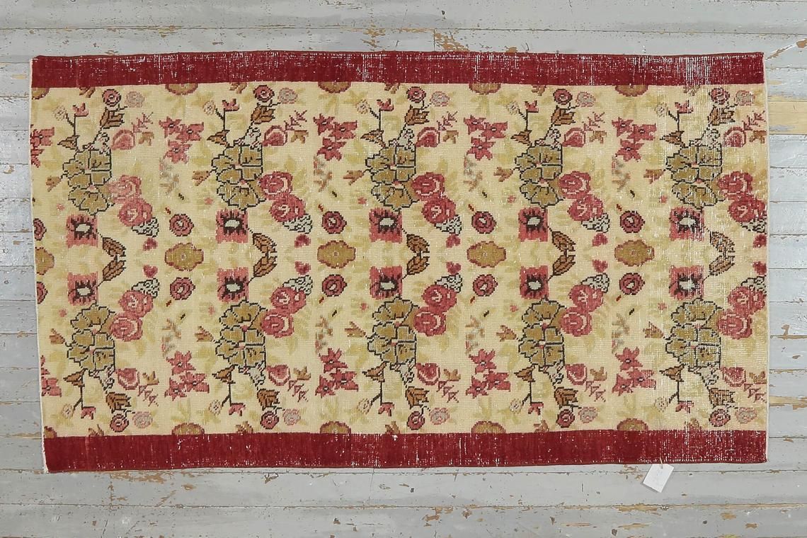3.4x5.9, Turkish Rug, Throw Rug, Vintage Rug, Turkish Rug, Oushak Bohemian Rug, Home Decor, Boho Rug, Area Rug, Kitchen Beige Red Bordered