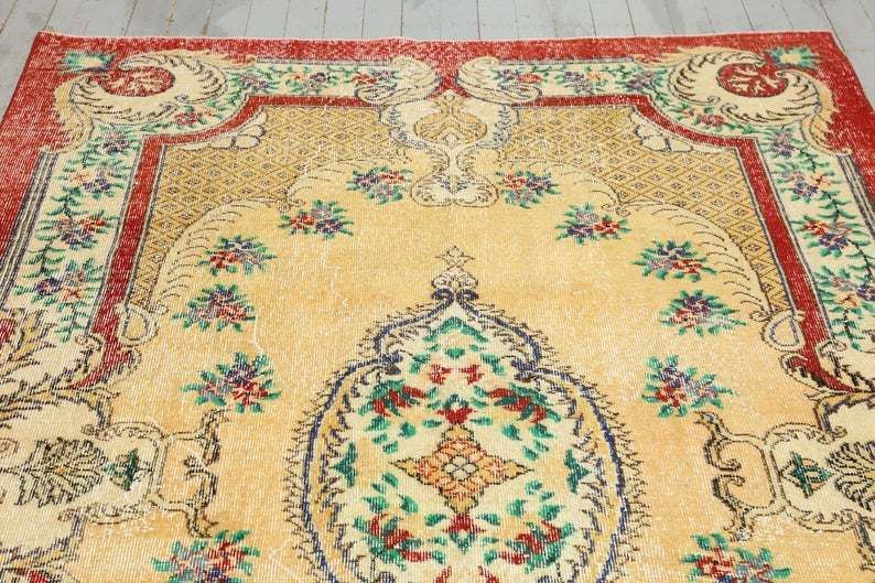 5.5x9.1, Antique Turkish Rug, Bohemian Rug, Natural Oushak Rug, Turkey Rug, Area Rug Carpet Beige Red Green Floral Wool Rug, Floral Rug photo Textiles