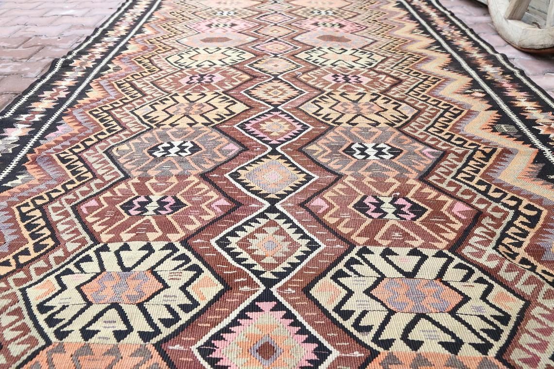 5x13 Kilim, Faded Brown Flatweave Wide Runner, Turkish Vintage Oushak Runner, Runners Rugs, Vintage Rug, Turkish Carpet, Pink, Brown 5.2x13 photo for sale
