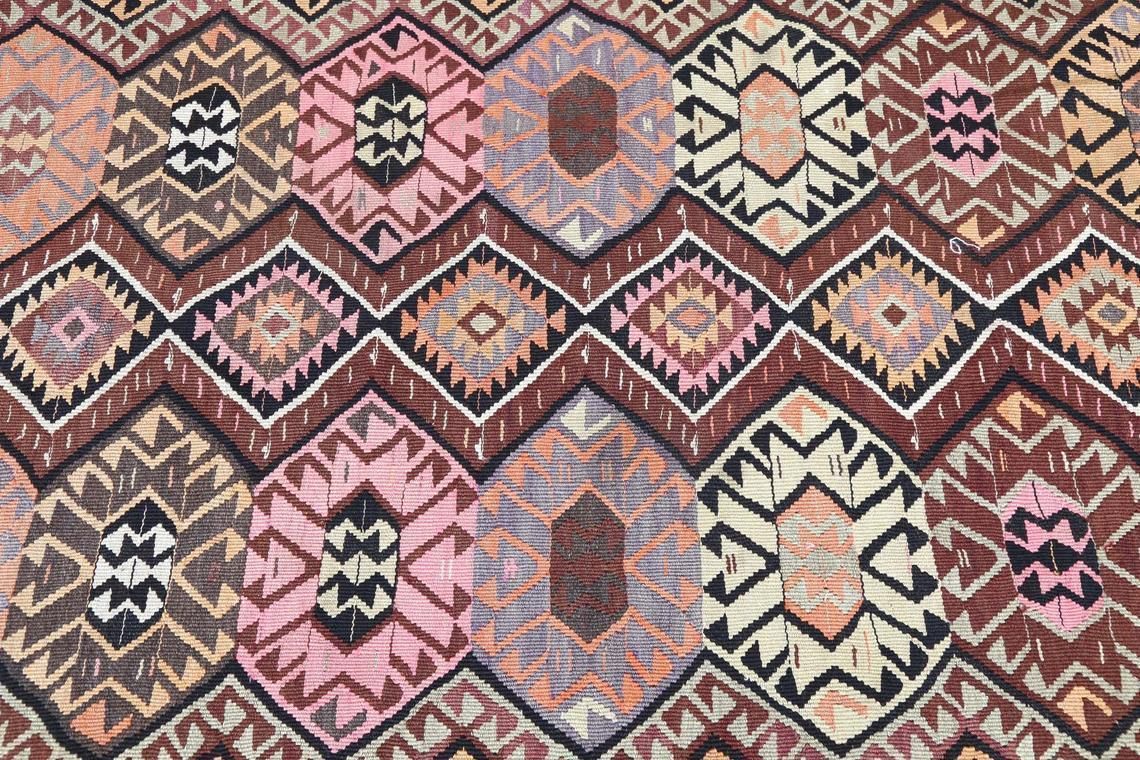 5x13 Kilim, Faded Brown Flatweave Wide Runner, Turkish Vintage Oushak Runner, Runners Rugs, Vintage Rug, Turkish Carpet, Pink, Brown 5.2x13 photo vinterior