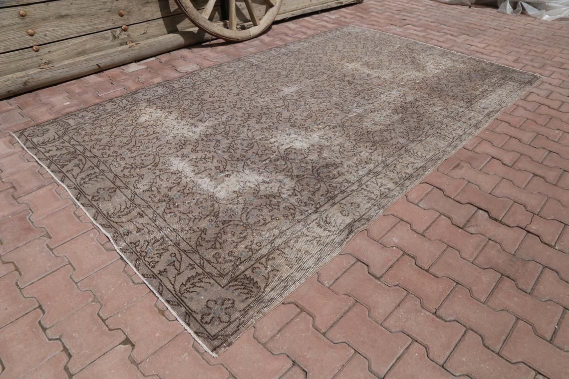 5.7x6.9 Turkish Vintage Rug, Brown Area Oushak Rug, Wool Rug, Room Decor, Floral, Living Room Rug, Distressed Rug, Boho Chic Art Deco photo 400.0