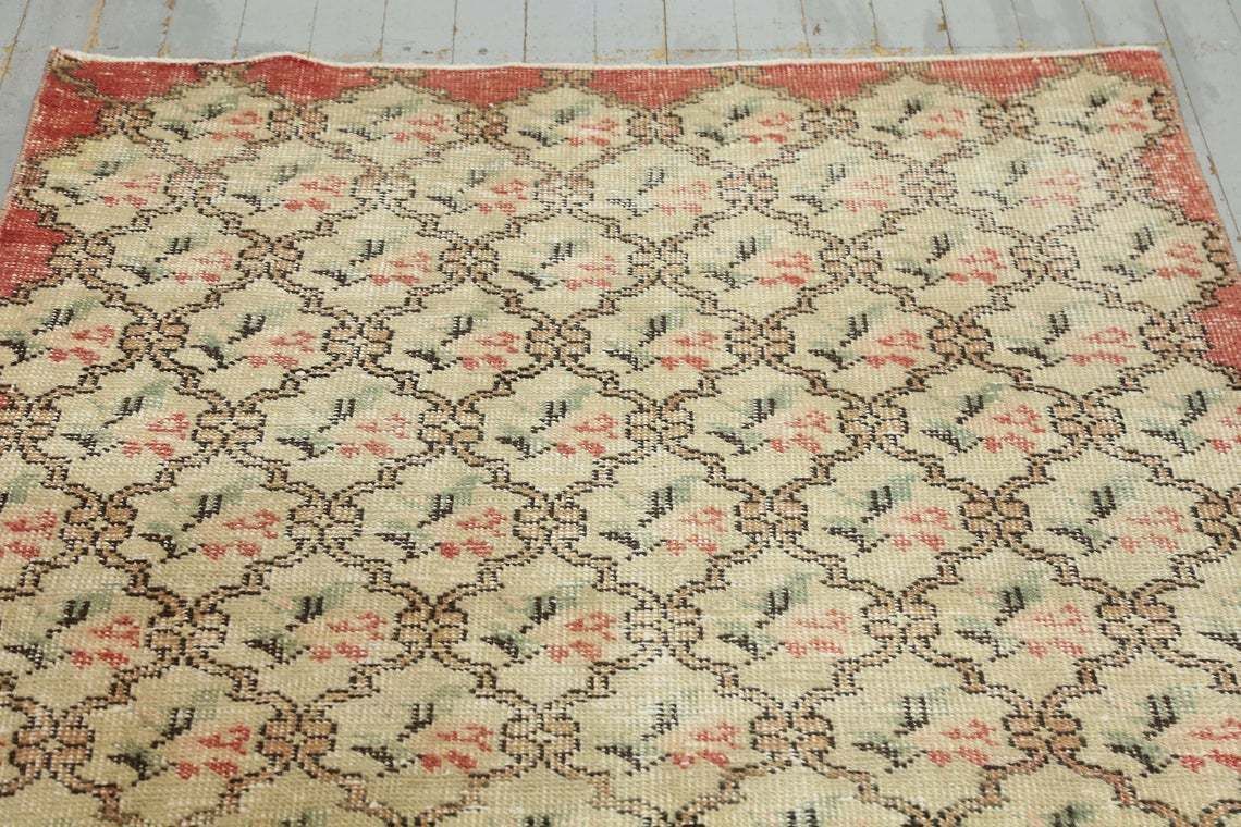 4.2x7.7, Turkish Vintage Rug, Distressed, Area Rug, Oushak Bohemian Rug, Turkey Rug, Wool, Floral, Kitchen Rug, Small, Beige, Red Faded photo for sale
