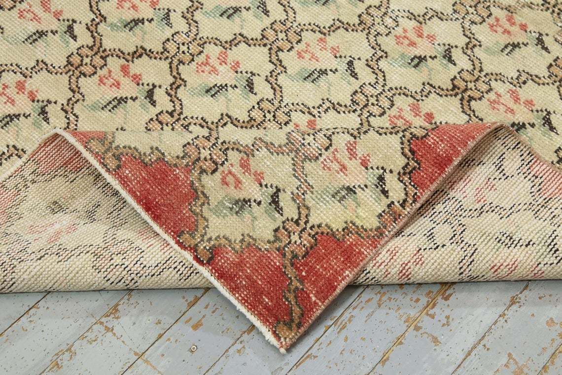 photo for sale 4.2x7.7, Turkish Vintage Rug, Distressed, Area Rug, Oushak Bohemian Rug, Turkey Rug, Wool, Floral, Kitchen Rug, Small, Beige, Red Faded