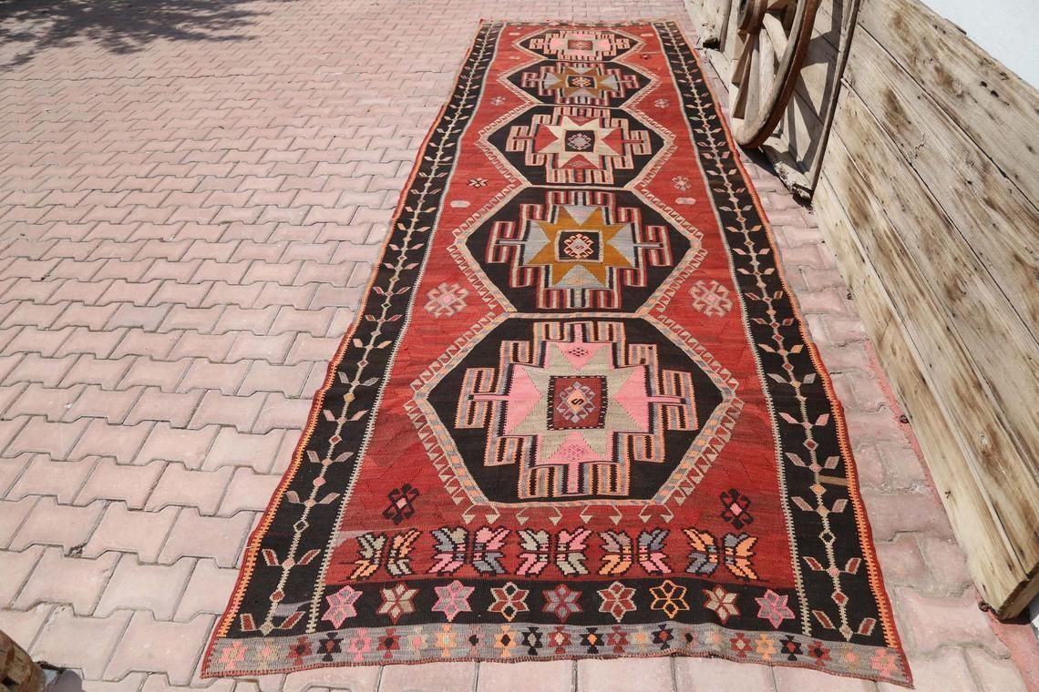 5x16 Kilim, Flatweave Rug, Wide Runner, Runner Rug, Wide Runner, Hallway Runner, Vintage Red, Modern, Black, Brown Pink Geometric Floral