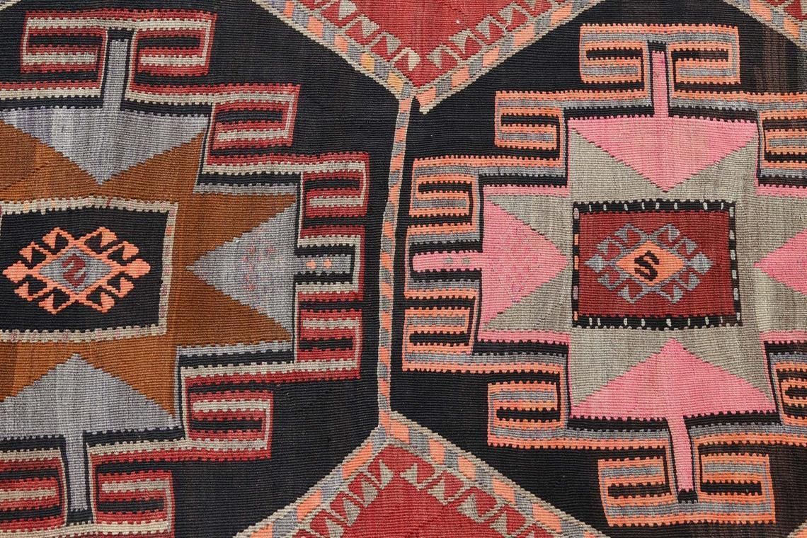 5x16 Kilim, Flatweave Rug, Wide Runner, Runner Rug, Wide Runner, Hallway Runner, Vintage Red, Modern, Black, Brown Pink Geometric Floral photo Textiles