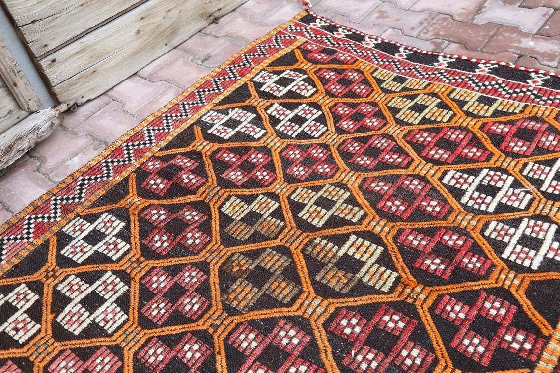 4x102, Turkish Kilim Wide Flatweave Runner, Vintage Oushak Kilim, Wool, Handmade, Hallway Runner, Home Decor, Turkish Runner, Red, Orange photo Textiles