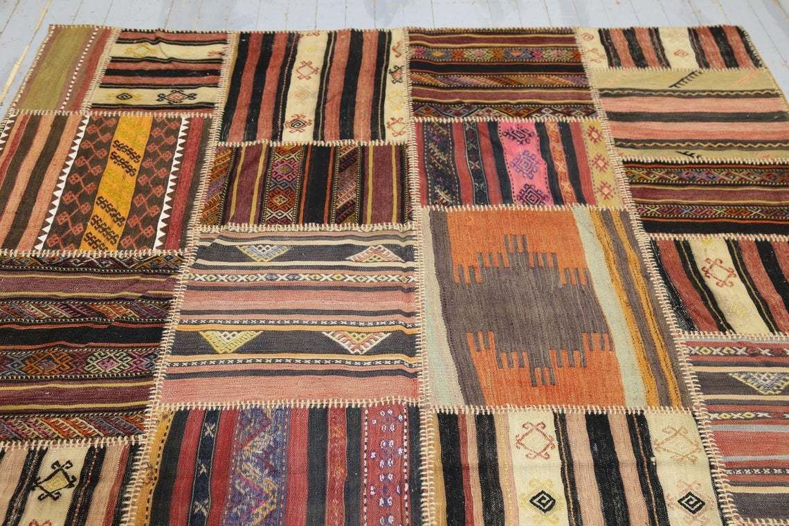 6.4x10.2 Kilim Flatweave Patchwork Rug, Authentic Antique Rug, Turkish Area Rug, Home Decor, Rare, Boho, Turkey, Tribal Rug, Geometric Rug photo Textiles