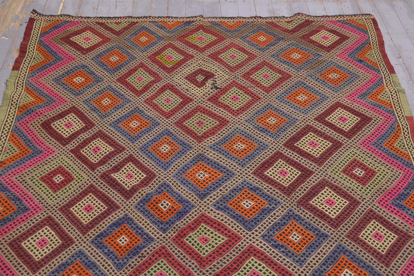 Turkish Kilim, Flatweave Rug, Vintage Kilim, Oushak Kilim, Farmhouse Deco, Turkish Rug, Kelim Pink Orange photo for sale