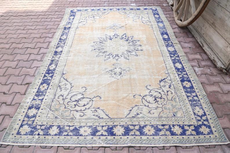 7x10 Heritage, 6.5x9.5, Turkish Vintage Area Oushak Rug, Oriental Bohemian Rug, Wool Cotton Rug, Home Decor, Rugs, Carpet Navy Blue Beige