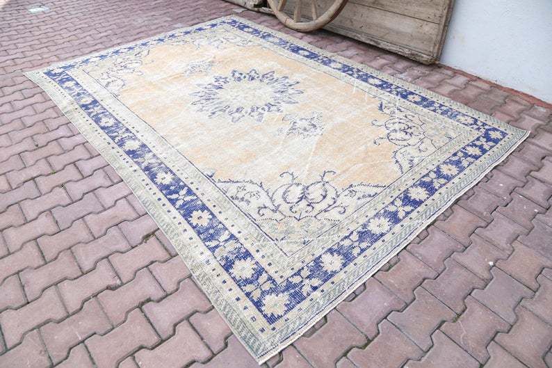 7x10 Heritage, 6.5x9.5, Turkish Vintage Area Oushak Rug, Oriental Bohemian Rug, Wool Cotton Rug, Home Decor, Rugs, Carpet Navy Blue Beige photo furniture