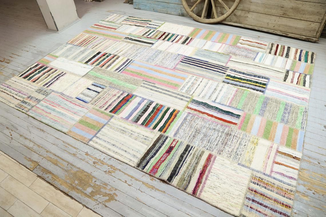 9.6x13.1 Turkish Vintage Kilim Flat Weave Boho Grey Area Rug, Oushak Kilim Hallway Gray Turkish Area Wool, Striped, White, Neutral Boho Chic photo furniture