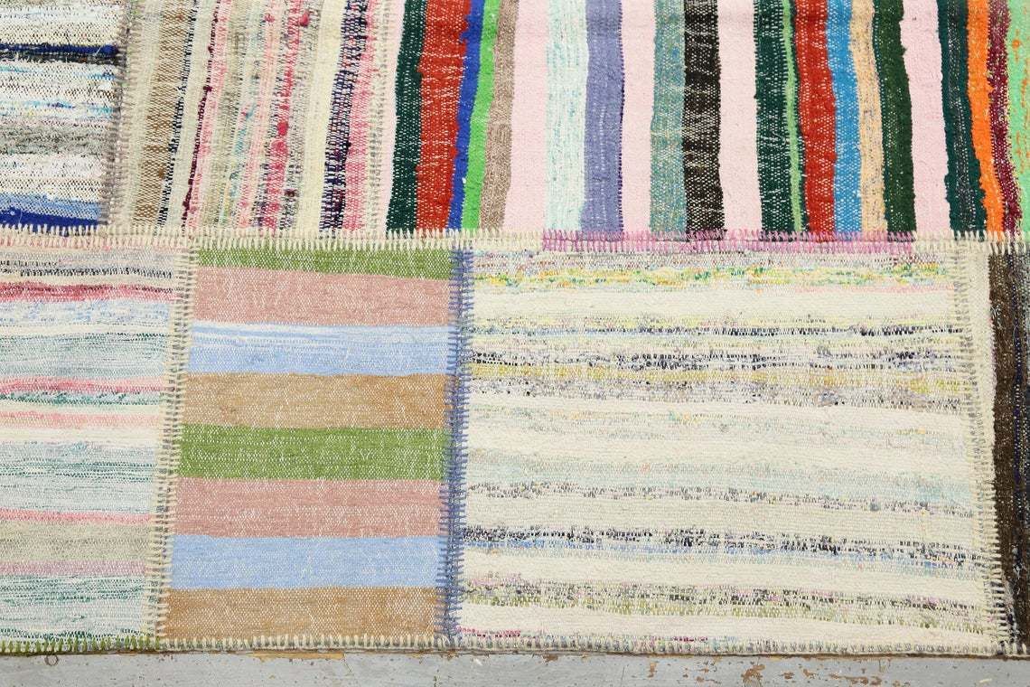 9.6x13.1 Turkish Vintage Kilim Flat Weave Boho Grey Area Rug, Oushak Kilim Hallway Gray Turkish Area Wool, Striped, White, Neutral Boho Chic photo vintage