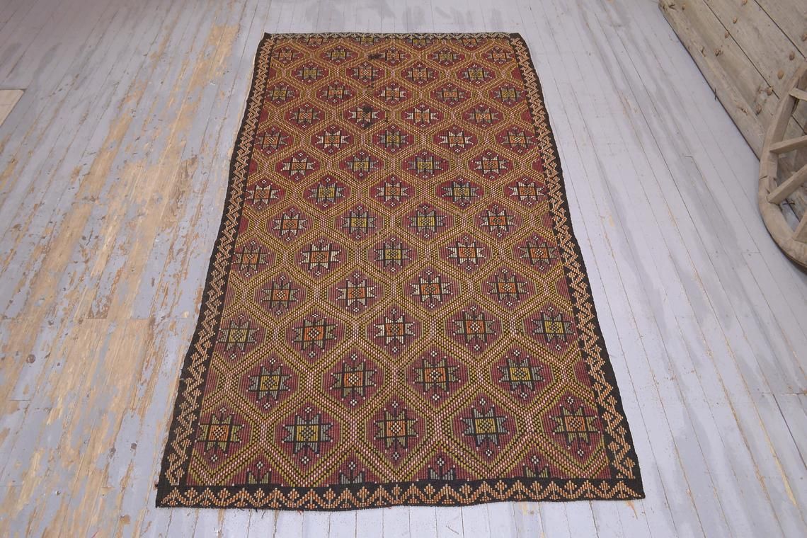 6x10 Kilim Turkish Vintage Rug, Flat Weave Anatolian Rug, Alfombra, Area Rug, Faded Red Orange Geometric Area 5.5x10.2