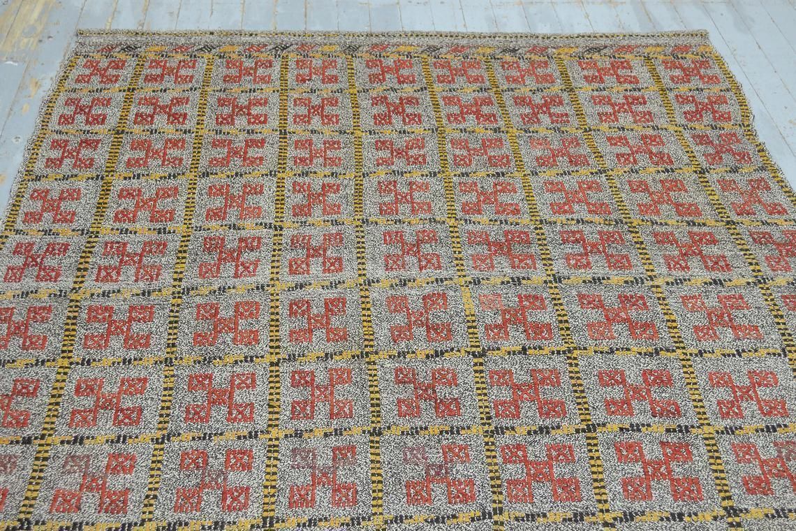 5.5x8.1 Vintage Check Rainbow Kilim Area Rug, Turkish Rug, Teppich Oushak Rug, Decor Kilim Rug, Wool Beige Red Yellow Motifs Gray Ikat Rug photo for sale
