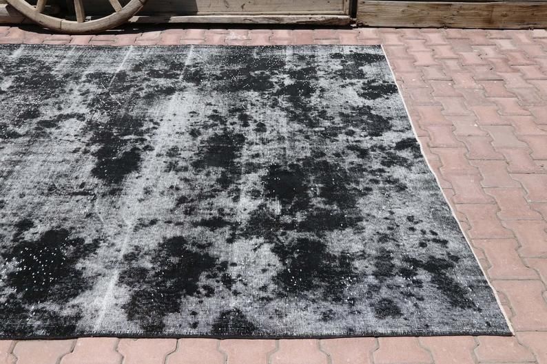 7.3x10.5, Black Turkish Rug, Area Rug, Distressed Muted Handmade Rug, Vintage Turkish Carpet, Black, Wool Rug, Decor Modern Mid Century photo for sale