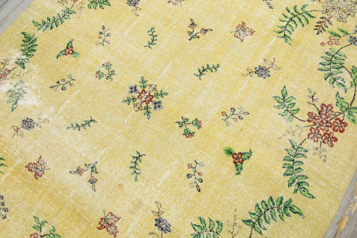 Yellow Rug, Turkish Rug, Vintage Rug, Oushak Rug, Bohemian Rug, Wool On Cotton Floral Rug, Home Decor, Yellow Beige Rugs photo vintage