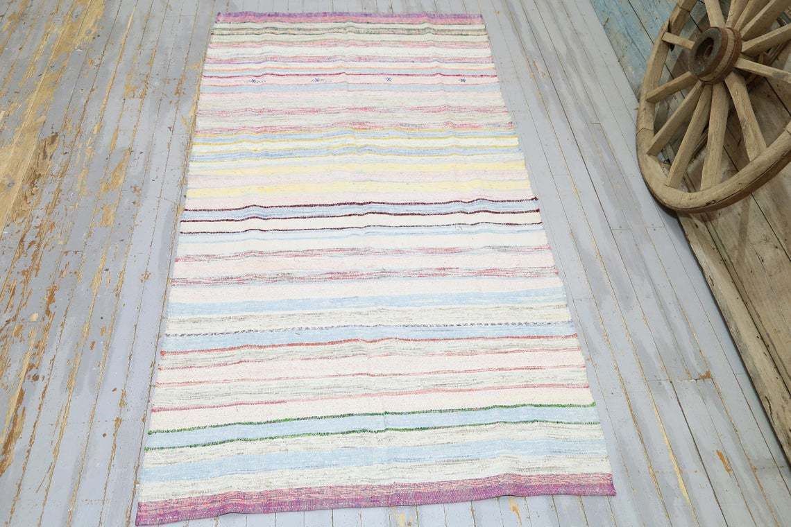 6.1x9.3, Turkish Kilim, Pastel Pink Turquoise Yellow Flatweave Vintage Rag Rug Neutral Handmade, Cotton Long Rug, Striped Pastel Natural