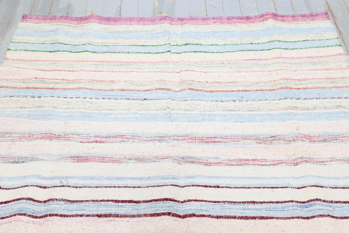 6.1x9.3, Turkish Kilim, Pastel Pink Turquoise Yellow Flatweave Vintage Rag Rug Neutral Handmade, Cotton Long Rug, Striped Pastel Natural photo 427.0