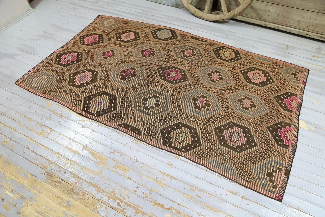 5.8x9.2, Bohemian Turkish Rug, Pink, Beige Pastel, Area Rug, Medallion Rugs, Kilims, Flat Weave Rug, Handmade, Vintage Oushak Rug Floral, photo for sale