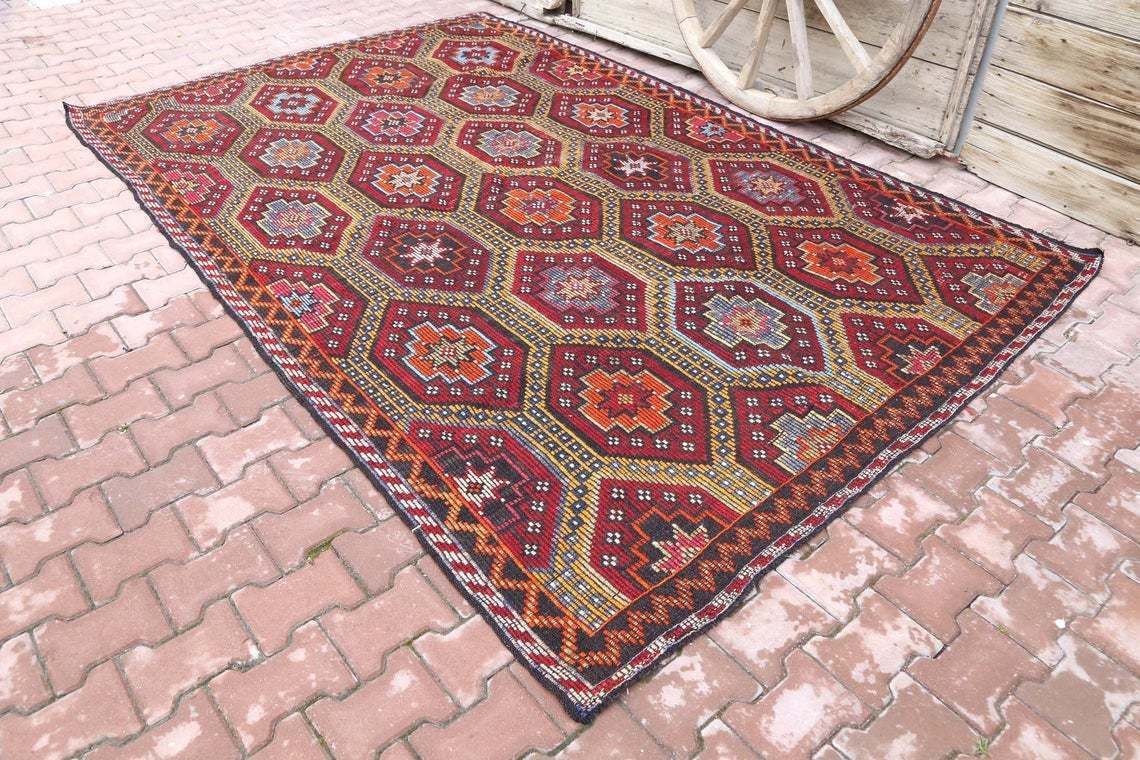 6.5x10.2, Flatweave Rug, Red Kilim Turkish Rug, Vintage Rug, Oushak Rug, Anatolian Rug, Area Rug, Wool Rug, Oriental Rug, Turkey Rug, Rugs photo furniture