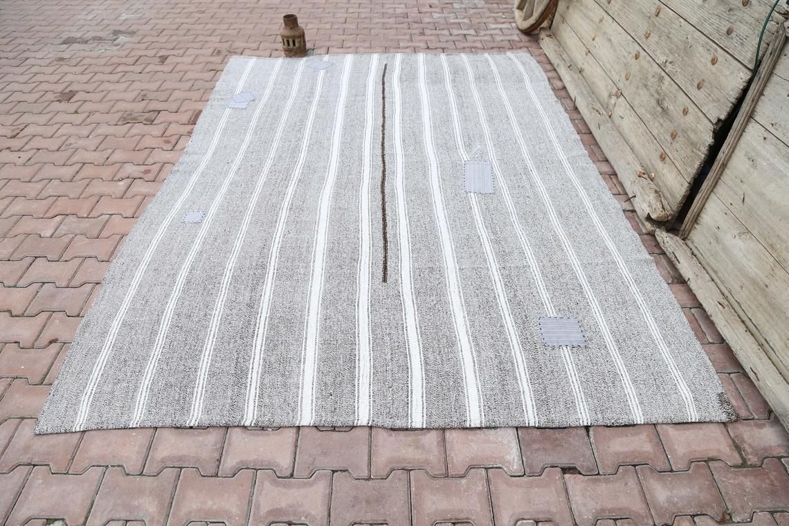 6.6x9.4, Turkish Rug, Kilim, Area Rug, Flatweave, Handwoven, Natural, Handmade, Oushak Rug, Gray, Striped, Turkish Carpet, Flat Weave Rugs