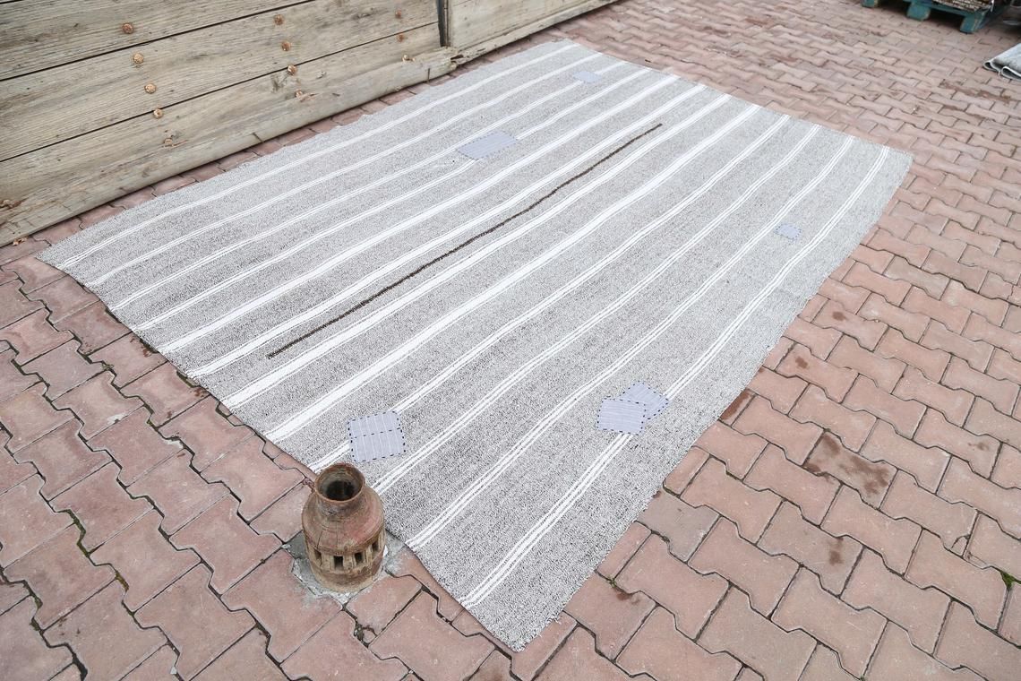 6.6x9.4, Turkish Rug, Kilim, Area Rug, Flatweave, Handwoven, Natural, Handmade, Oushak Rug, Gray, Striped, Turkish Carpet, Flat Weave Rugs photo furniture