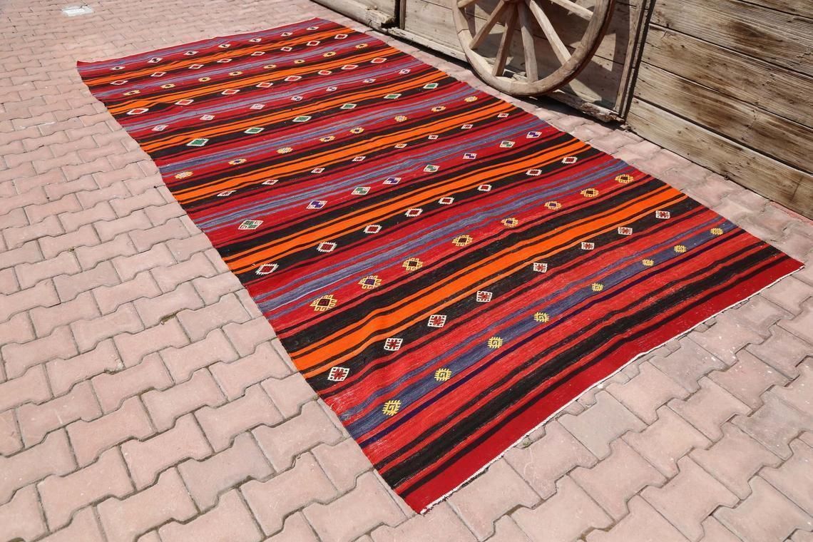 6.2x12.3, Flatweave Rug, Kilim Rug, Area Rug, Turkish Rug, Striped Runner Rug Kilim, Red Rug, Living Room Rug, Red, Black Stripe Diamond photo furniture