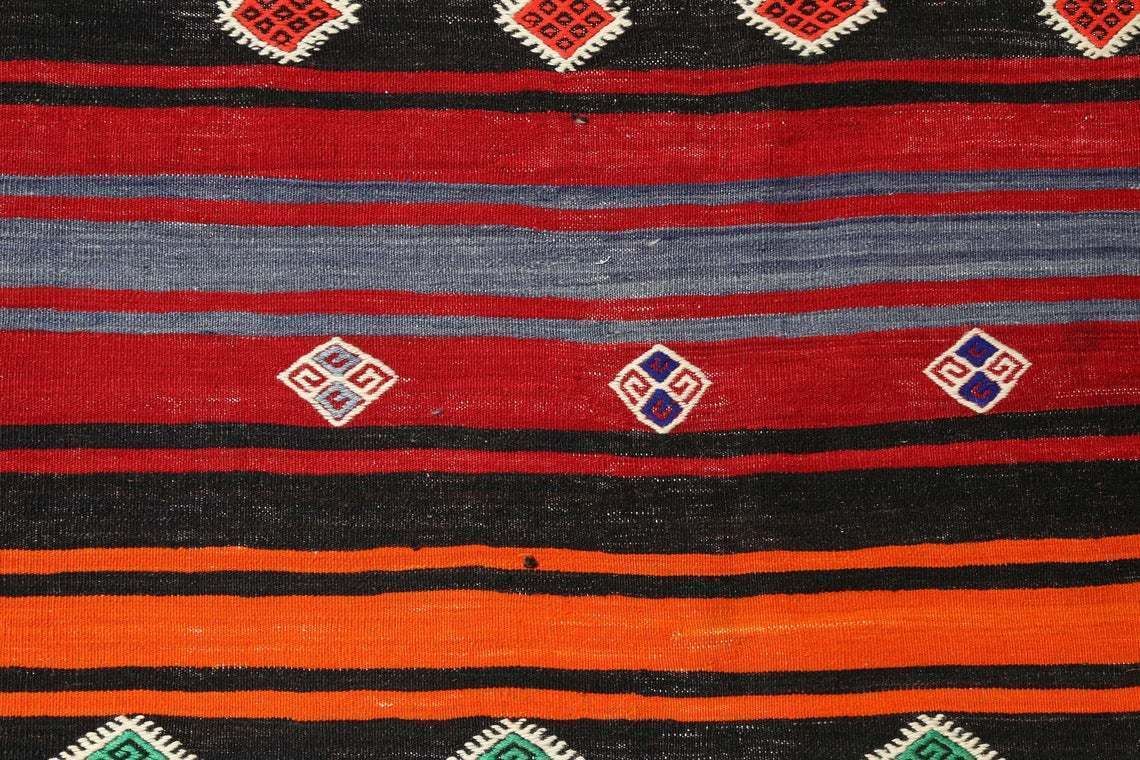 6.2x12.3, Flatweave Rug, Kilim Rug, Area Rug, Turkish Rug, Striped Runner Rug Kilim, Red Rug, Living Room Rug, Red, Black Stripe Diamond photo Textiles