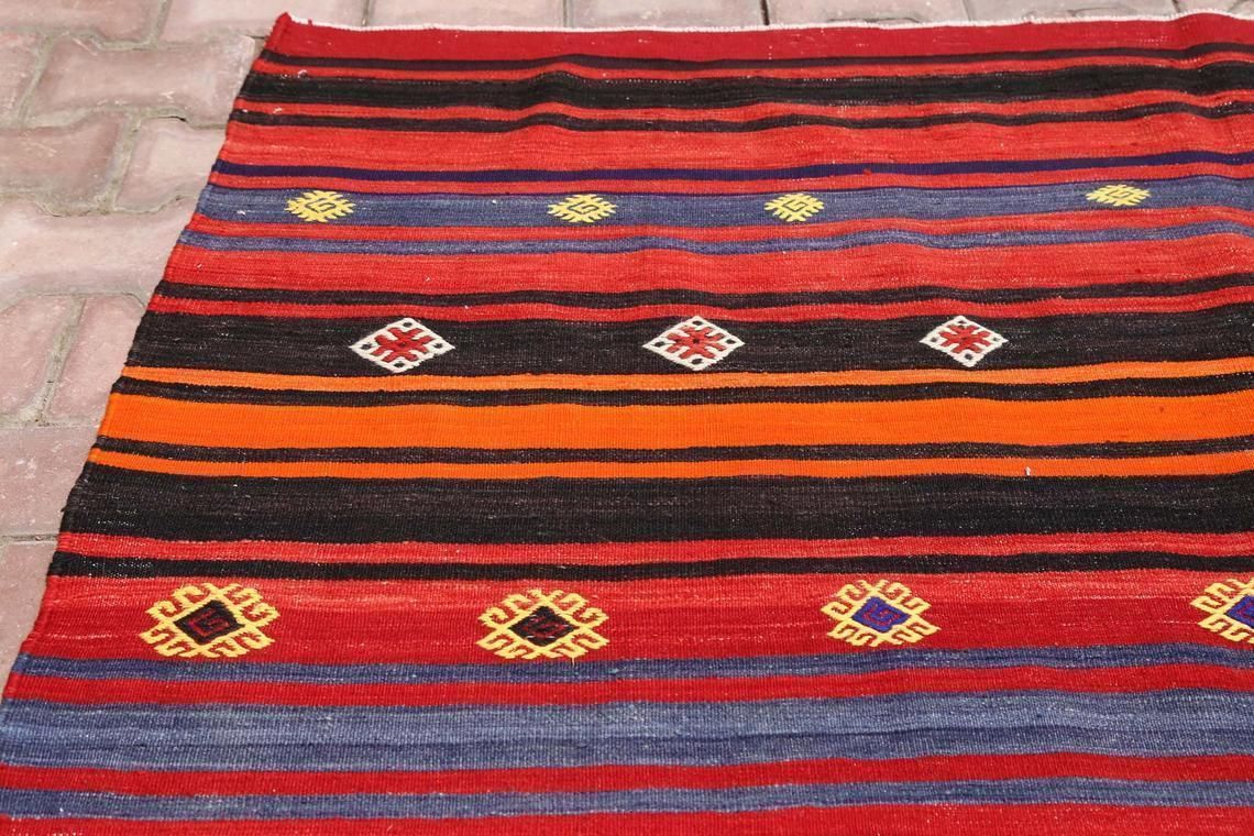 6.2x12.3, Flatweave Rug, Kilim Rug, Area Rug, Turkish Rug, Striped Runner Rug Kilim, Red Rug, Living Room Rug, Red, Black Stripe Diamond photo vinterior