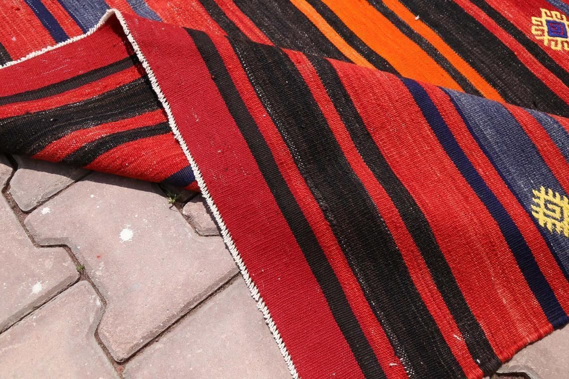 6.2x12.3, Flatweave Rug, Kilim Rug, Area Rug, Turkish Rug, Striped Runner Rug Kilim, Red Rug, Living Room Rug, Red, Black Stripe Diamond photo vintage