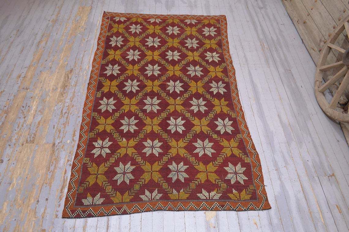 5.6x9.9, Flatweave Area Rug, Turkish Vintage Rug, Excellent Condition Handmade Oushak Kilim Tapis Home Decor, Bohemian Floral Rug, Red