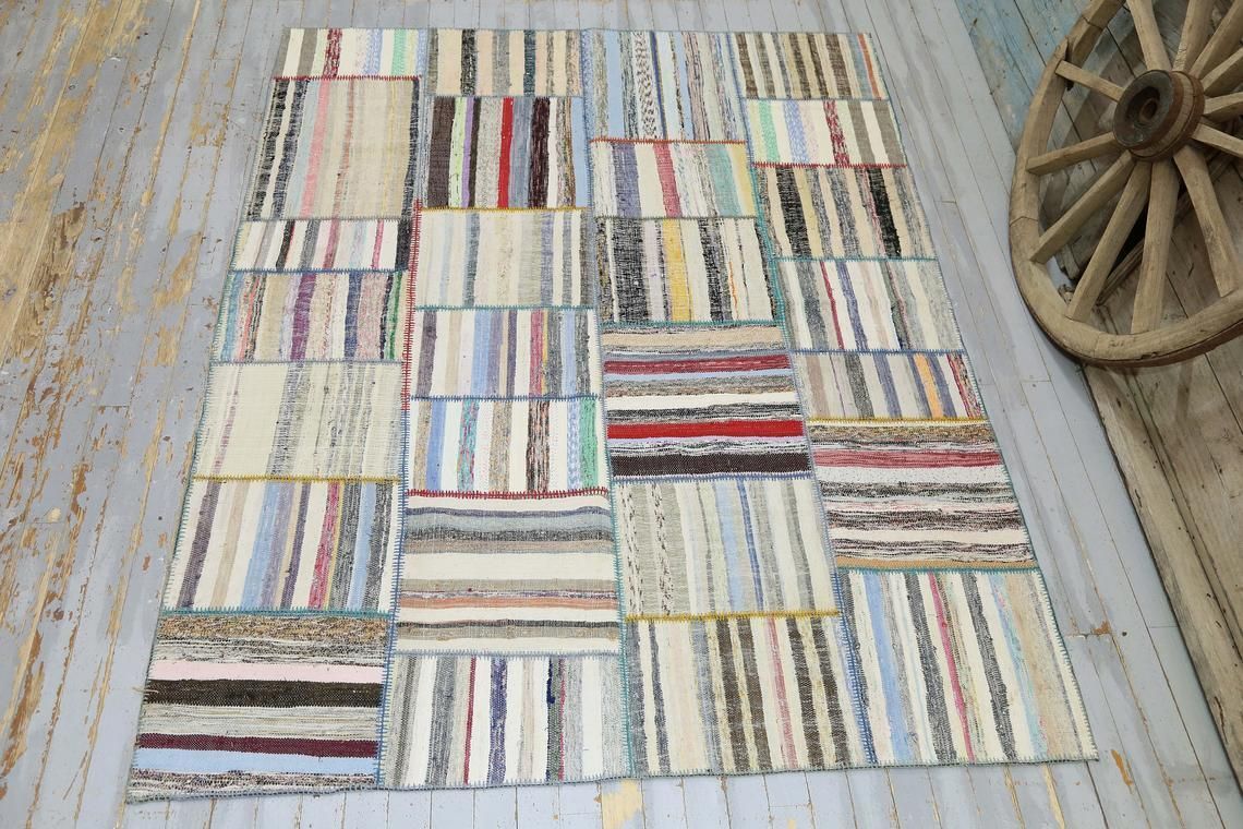 6.4x8.4, Kilim, Flatweave Rug, Striped Rug, Gray Colorful White Ivory Turkish Rugs, Kilim Patchwork Rag Rug, Alfombra, Living Room Luxury