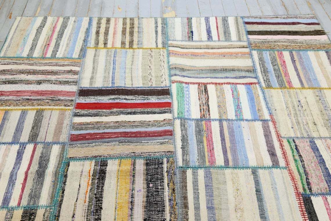 6.4x8.4, Kilim, Flatweave Rug, Striped Rug, Gray Colorful White Ivory Turkish Rugs, Kilim Patchwork Rag Rug, Alfombra, Living Room Luxury photo Textiles