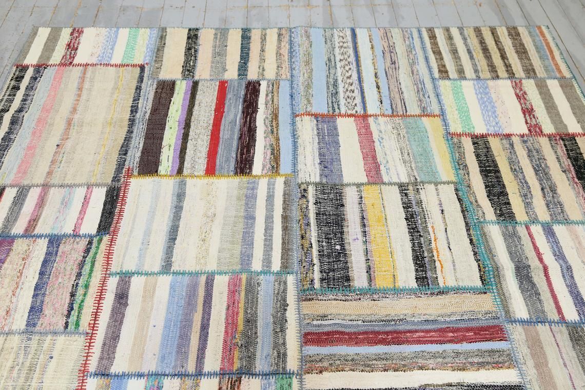 6.4x8.4, Kilim, Flatweave Rug, Striped Rug, Gray Colorful White Ivory Turkish Rugs, Kilim Patchwork Rag Rug, Alfombra, Living Room Luxury photo 427.0
