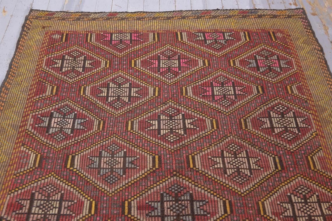 49x105, Turkish Kilim Flatweave Runner, Vintage Oushak Kilim, Wool, Handmade, Hallway Runner, Home Decor, Turkish Runner, Faded Red, Rug photo for sale