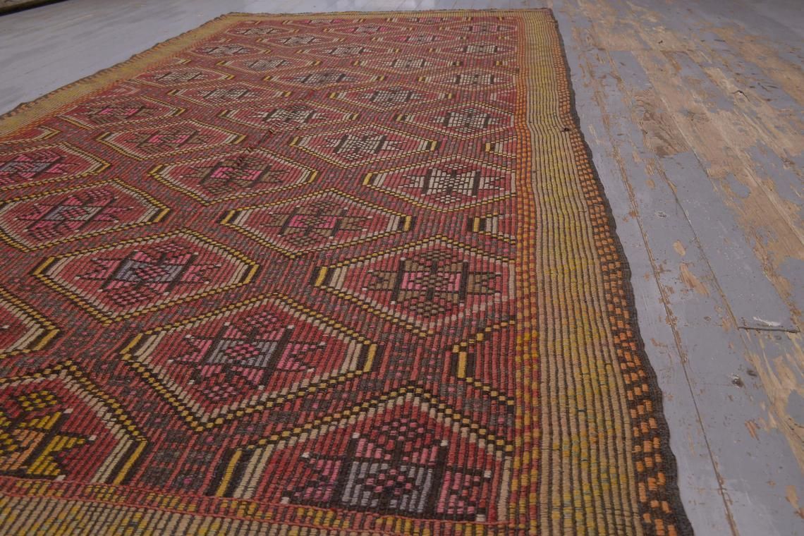 49x105, Turkish Kilim Flatweave Runner, Vintage Oushak Kilim, Wool, Handmade, Hallway Runner, Home Decor, Turkish Runner, Faded Red, Rug photo Textiles