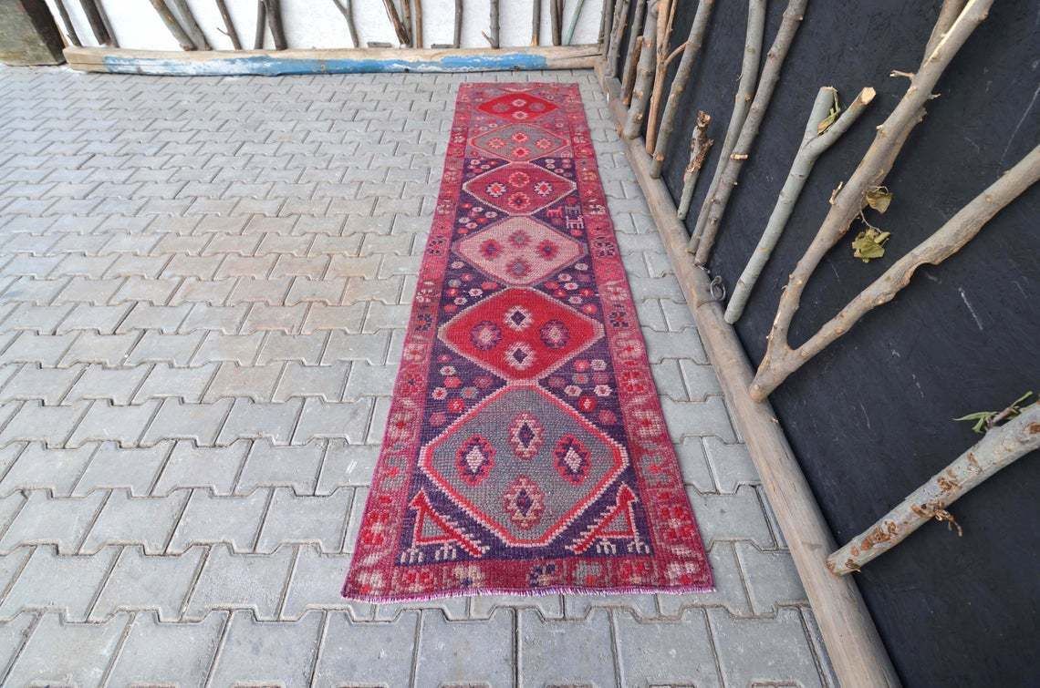 2.6x10.1 Ft, Kurdish Runner, Vintage Runner, Herki, Hand Knotted, Wool, Runner Rug, Turkish Rug, Hallway Runner, Home Decor, Hot Pink, Rugs photo Textiles