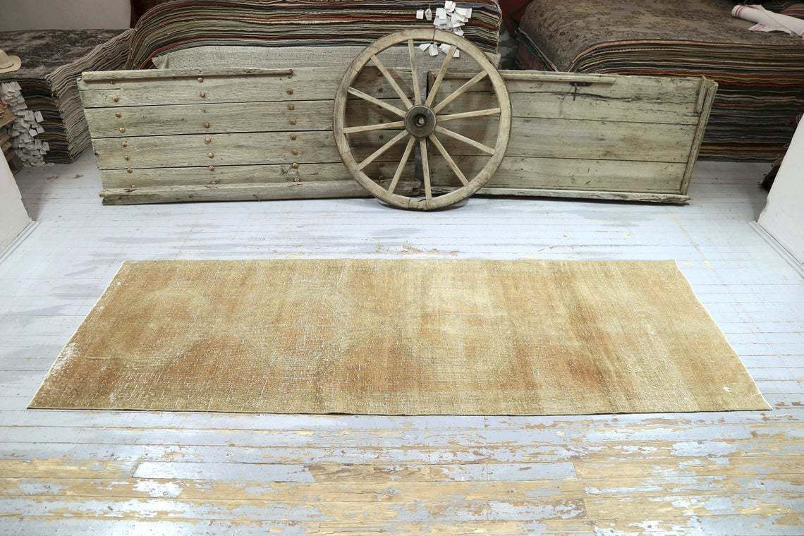 Turkish Runner Rug, Vintage Oushak Rug Home Decor, Low Pile Wool Rug Runner, Bohemian, Runner Rug, Beige Gold Tan Faded Naturalprice: photo for sale