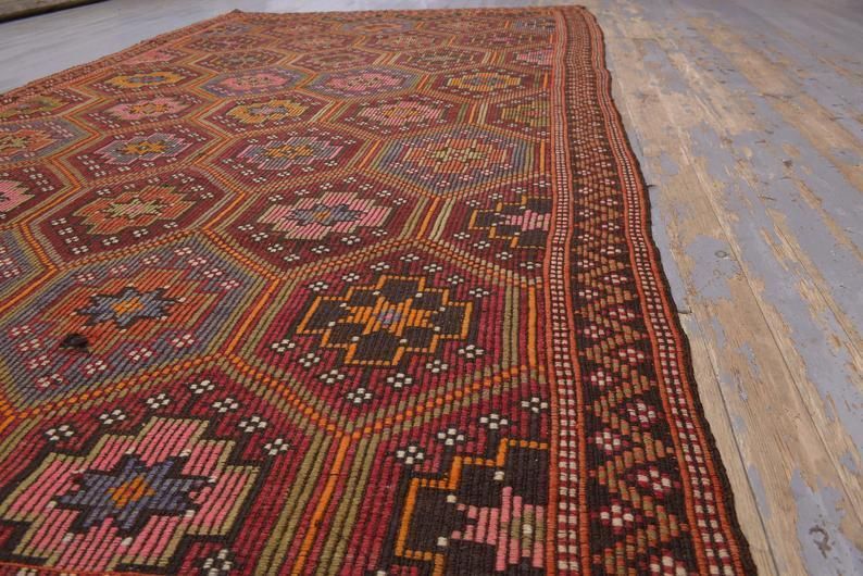 Flatweave, Kilim Turkish Rug, Handwoven, Red, Pink, Orange, Geometric, Vintage Rug, Farmhouse Decor, Flat Weave Rug photo vinterior