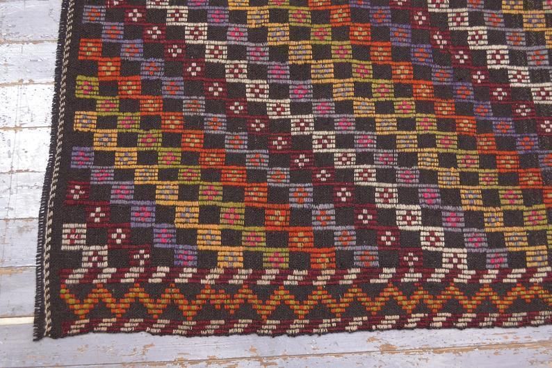 Flatweave Turkish Rug, Kilim Turkish Kelim Handwoven Geometric, Farmhouse Decor Area Rug, Red Beige Brown Squared Checkered Boho Chic photo buy