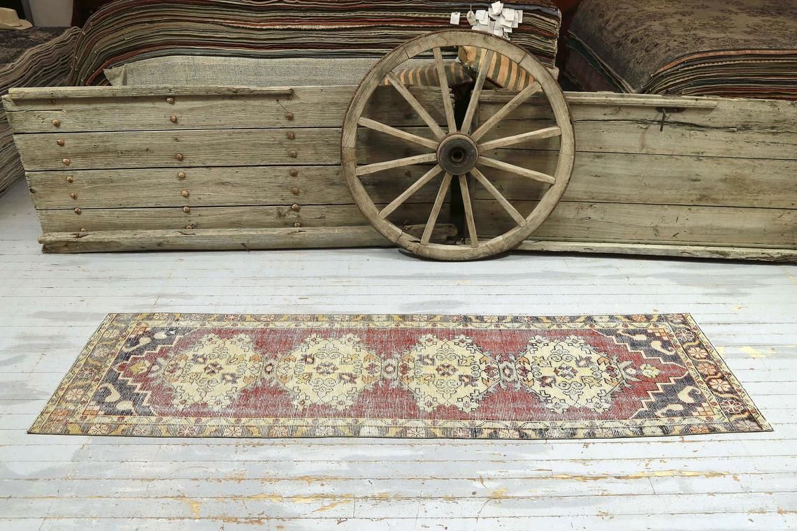 Red Turkish Runner, Boho Chic Vintage Runner, Turkey Rug, Farmhouse Decor, Rugs, Wool Rug, Runner Rug, Beige, Kitchen Runner Floral photo for sale