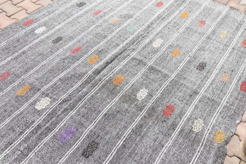 6x8 Kilim Flatweave Stripped Turkish Rug, Oushak Rug, Vintage Rug, Gray Rug, Bohemian Rug, Area Rug, Rug, Carpet, Modern Stripe 6.3x8.2 photo furniture