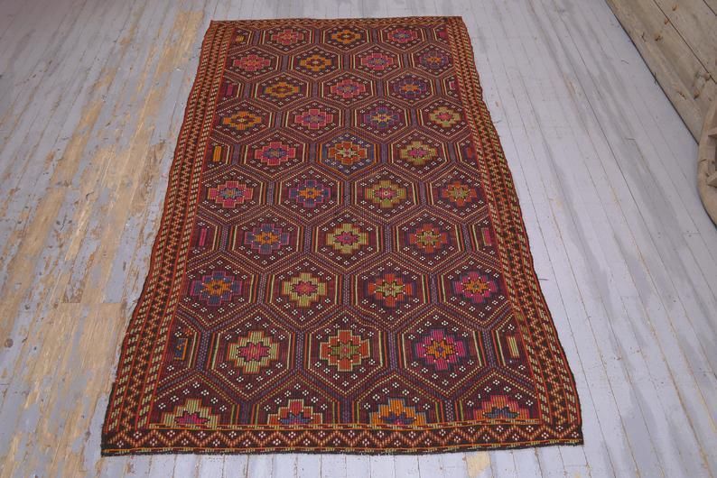 5.6x9.9, Oushak Rug, Turkish Rug, Flatweave Rug, Kilim Rug, Handmade Rug, Vintage Wool Rug, Living Room Rug, Red Burgundy Claret Home Decor