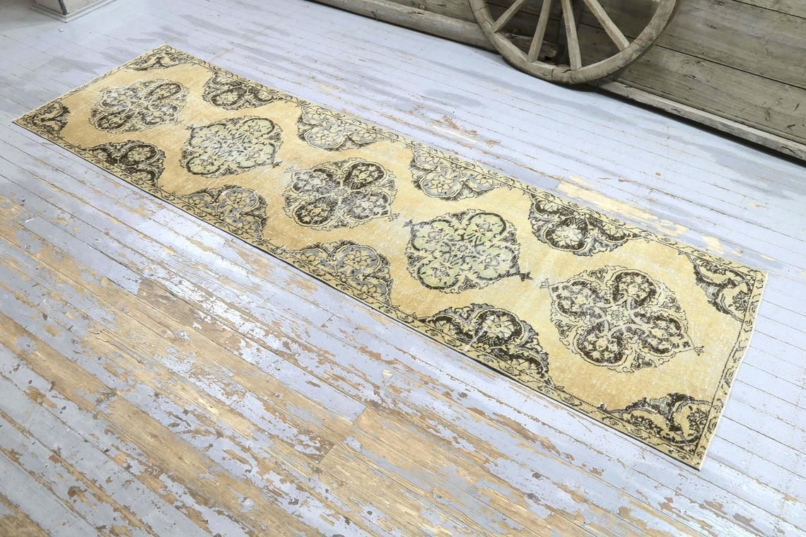 Hallway Turkish Runner, Oriental Vintage Faded Orange, Natural Beige, Wool, Handmade, Oushak Bohemian Runner, Wide Neutral Beige photo for sale