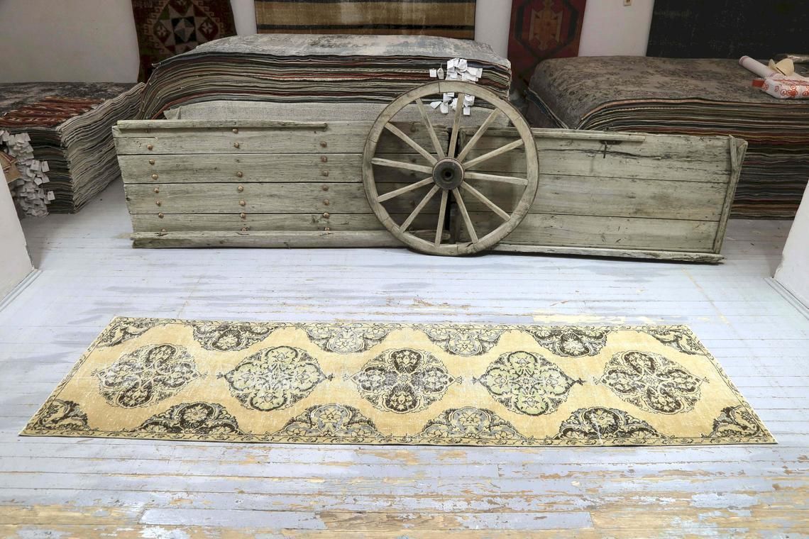 Hallway Turkish Runner, Oriental Vintage Faded Orange, Natural Beige, Wool, Handmade, Oushak Bohemian Runner, Wide Neutral Beige photo Textiles