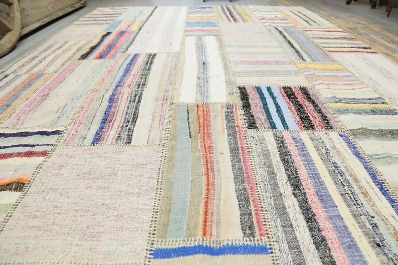 83x113, Kilim, Tribal Flatweave Area Rug, Turkish Handwoven White Beige Ivory Neutral, Stripe Patch Geometric Modern Natural Boho Chic photo for sale