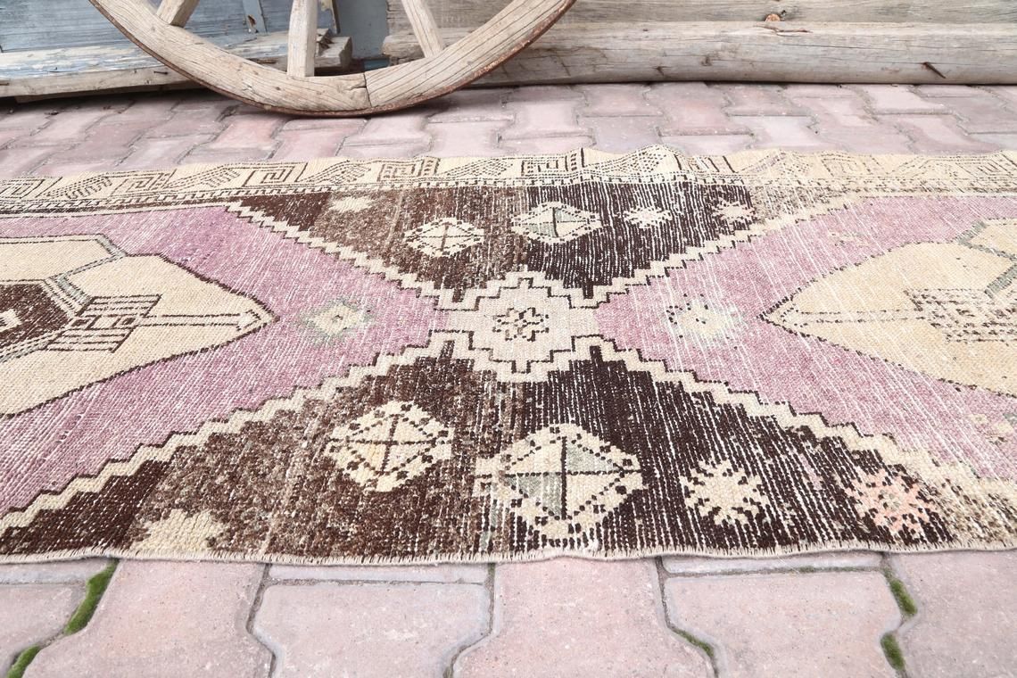 Vintage Runner, Gypsy, Turkish Hallway Oushak Runner, Handmade, Wool, Home Decor, Faded Purple, Pink, Beige, Distressed Brown photo vinterior