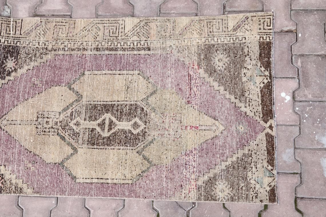 Vintage Runner, Gypsy, Turkish Hallway Oushak Runner, Handmade, Wool, Home Decor, Faded Purple, Pink, Beige, Distressed Brown photo vintage